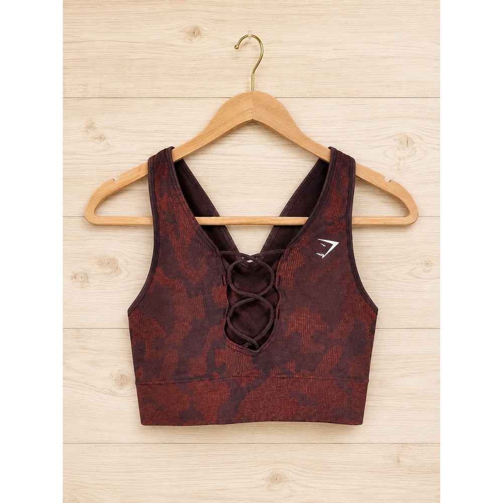 Gymshark Adapt Camo Seamless Sports Bra XS Criss Cross Racerback Brown Burgundy